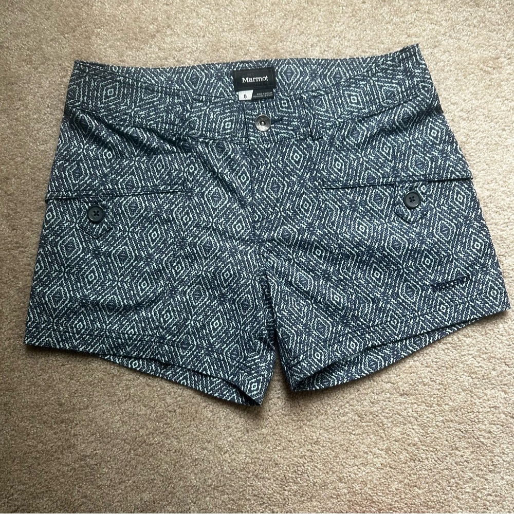 Marmot Performance Shorts Womens Sz 8 Blue Pattern Outdoor Hiking Side Pockets